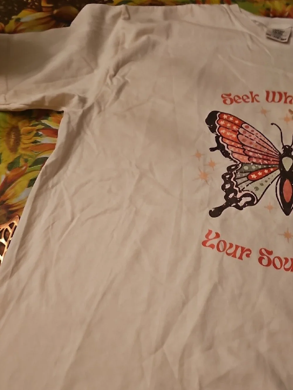 Comfort Colors White Tee with Pink and Orange Butterfly Graphic